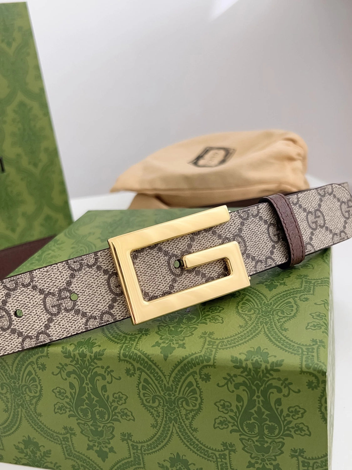 Gucci Monogram Belt with Gold Buckle - Hình 8