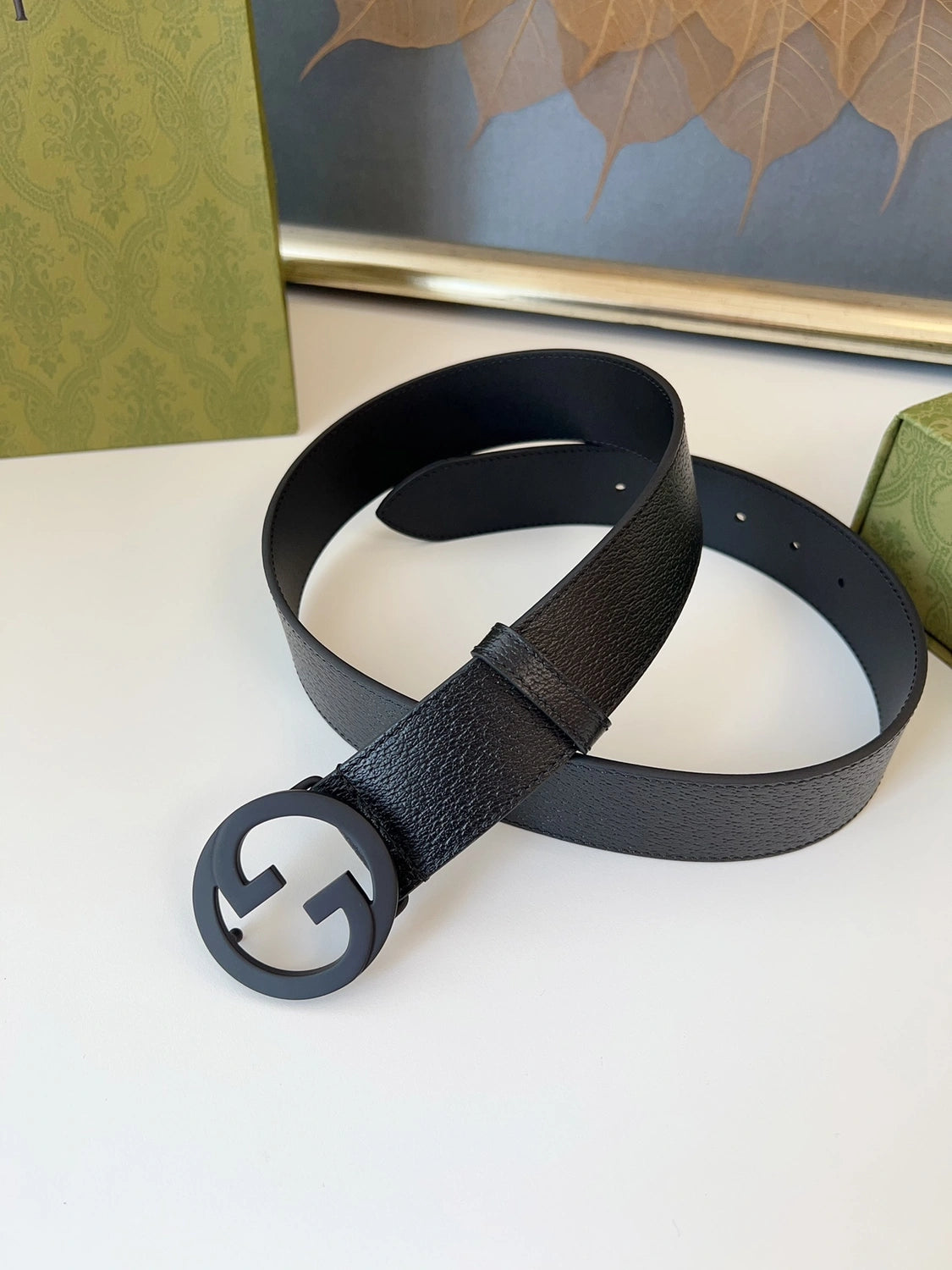 Premium Black Leather Belt with Iconic "G" Buckle - Hình 8