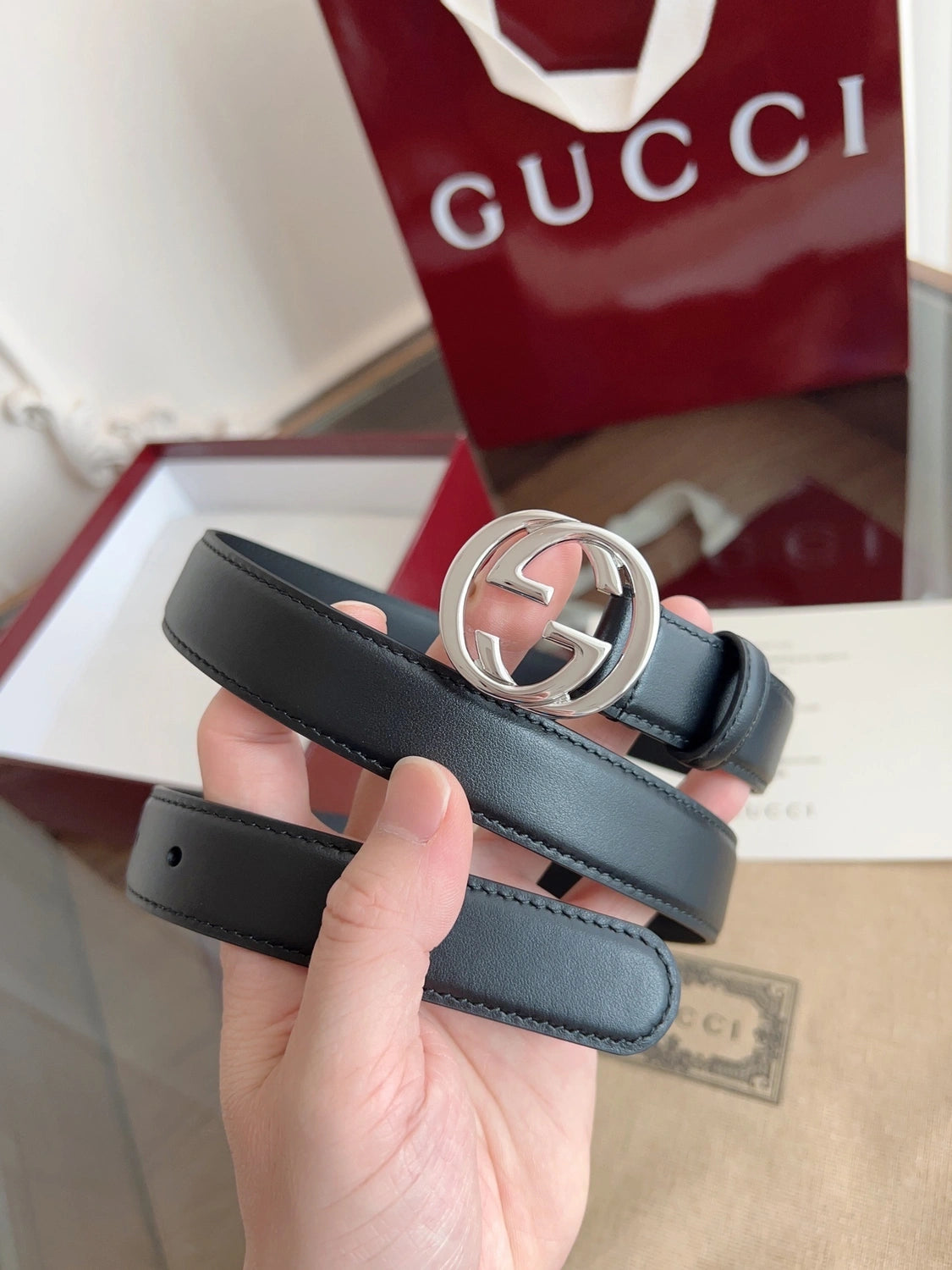 Gucci Belt with Silver GG Buckle - Hình 4
