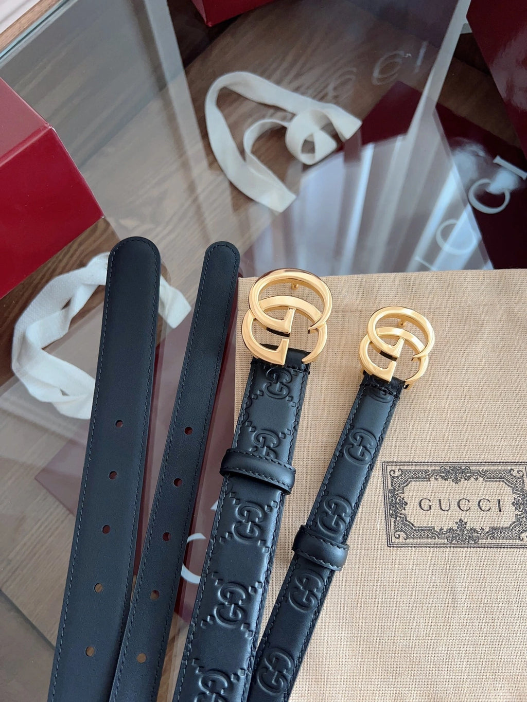 Premium Black Leather Belt with Gold GG Buckle - Hình 7