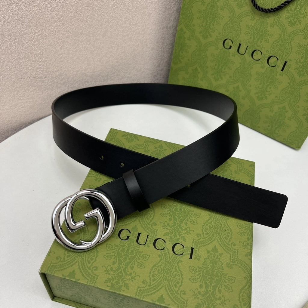 Premium blue pattern leather belt with gold buckle - Hình 8