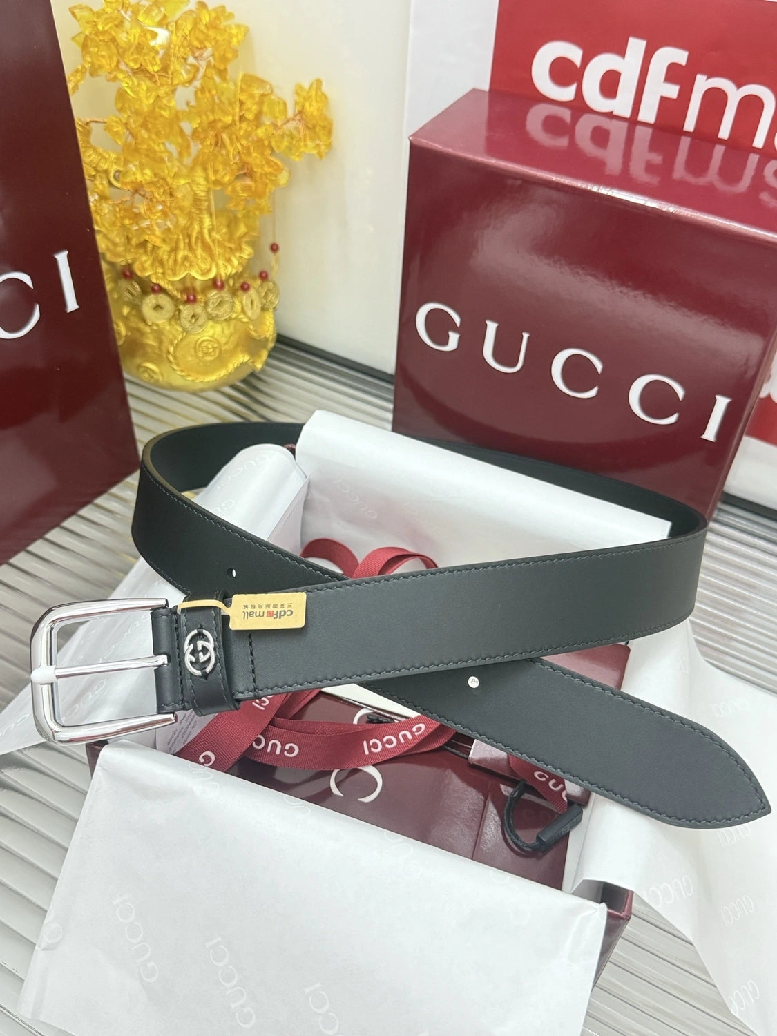 Premium black leather belt with silver buckle detail
