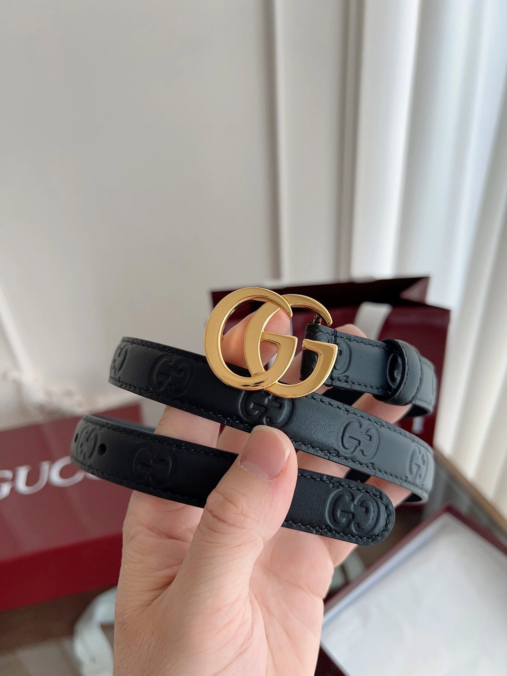 Premium Black Leather Belt with Gold GG Buckle - Hình 8