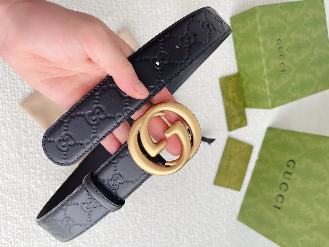 Gucci Black Leather Belt gg - Hình 6
