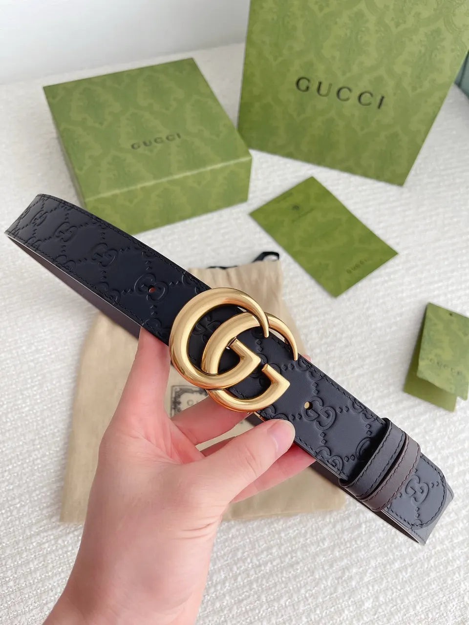gold Gucci Black Embossed Leather Belt - Hình 8