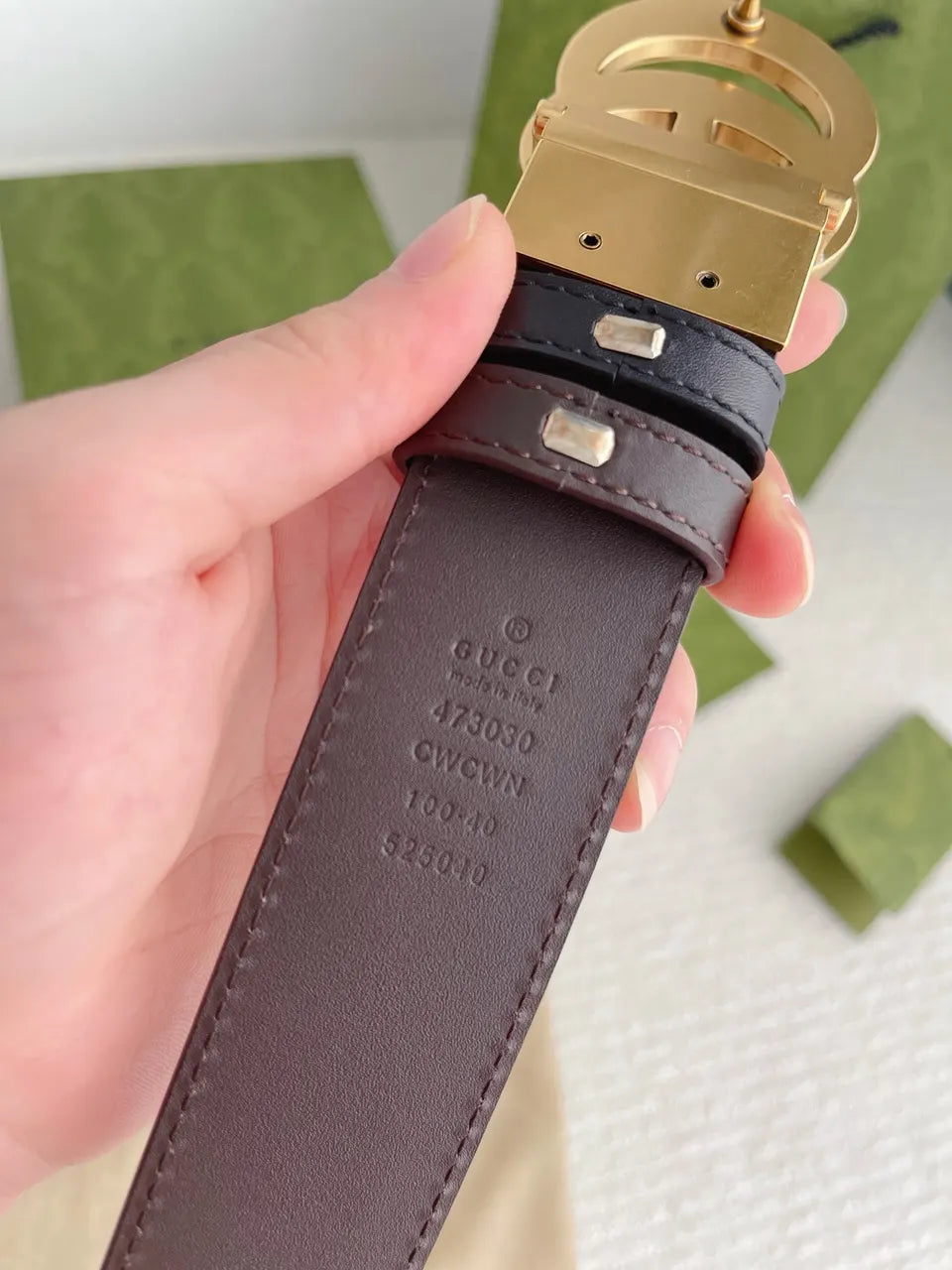 gold Gucci Black Embossed Leather Belt - Hình 3