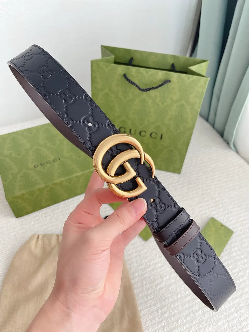 gold Gucci Black Embossed Leather Belt - Hình 2