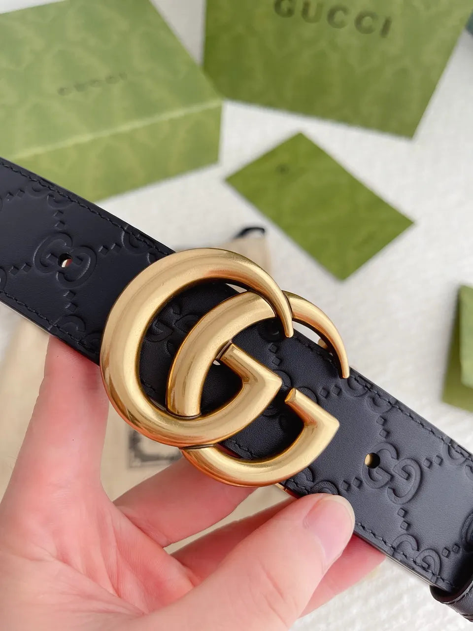 gold Gucci Black Embossed Leather Belt - Hình 7