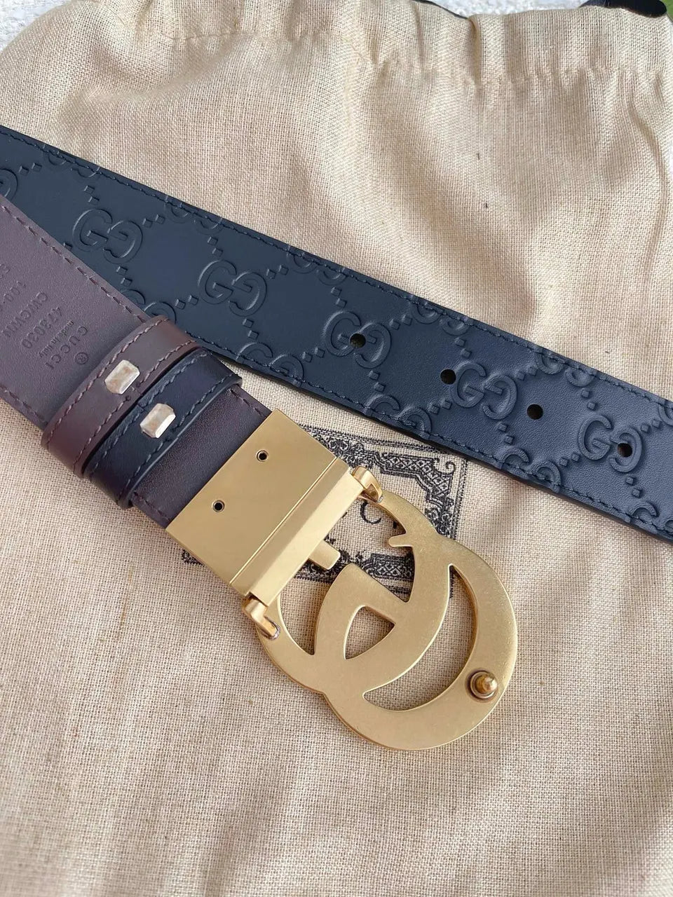 gold Gucci Black Embossed Leather Belt - Hình 4