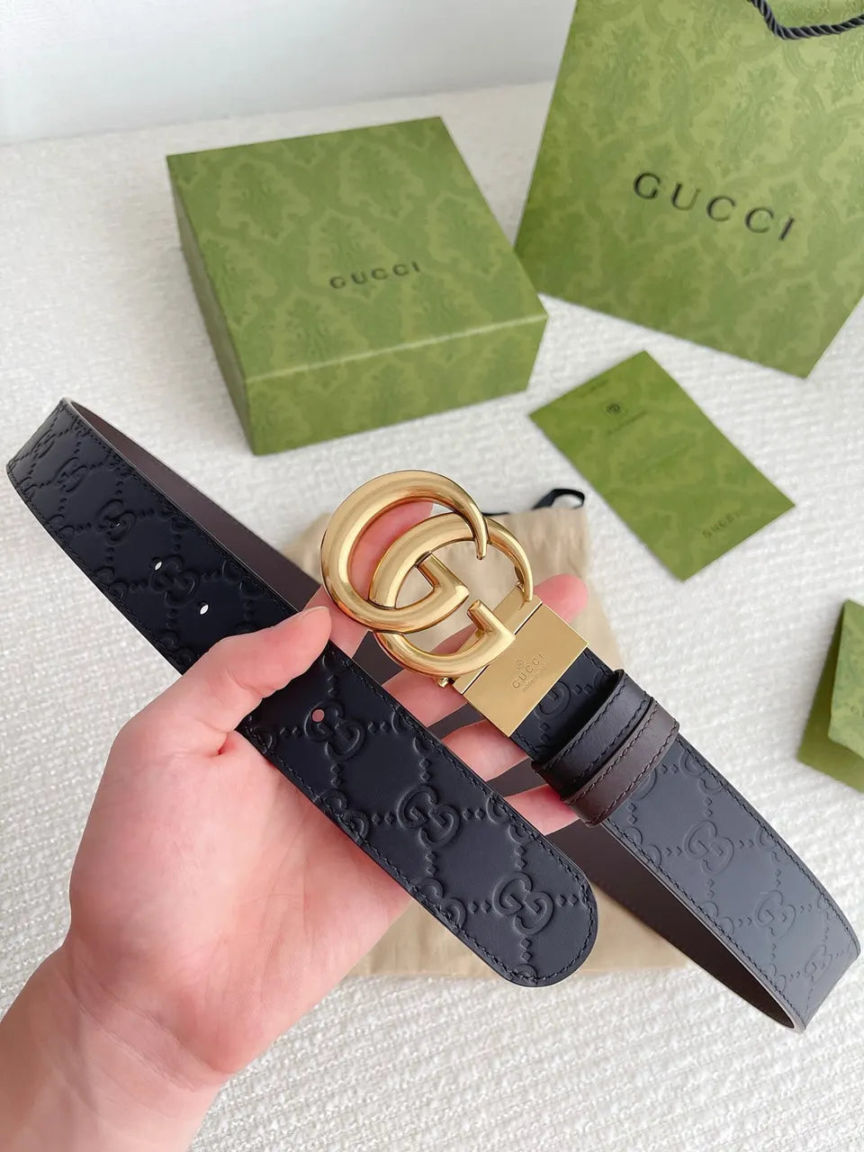gold Gucci Black Embossed Leather Belt - Hình 6