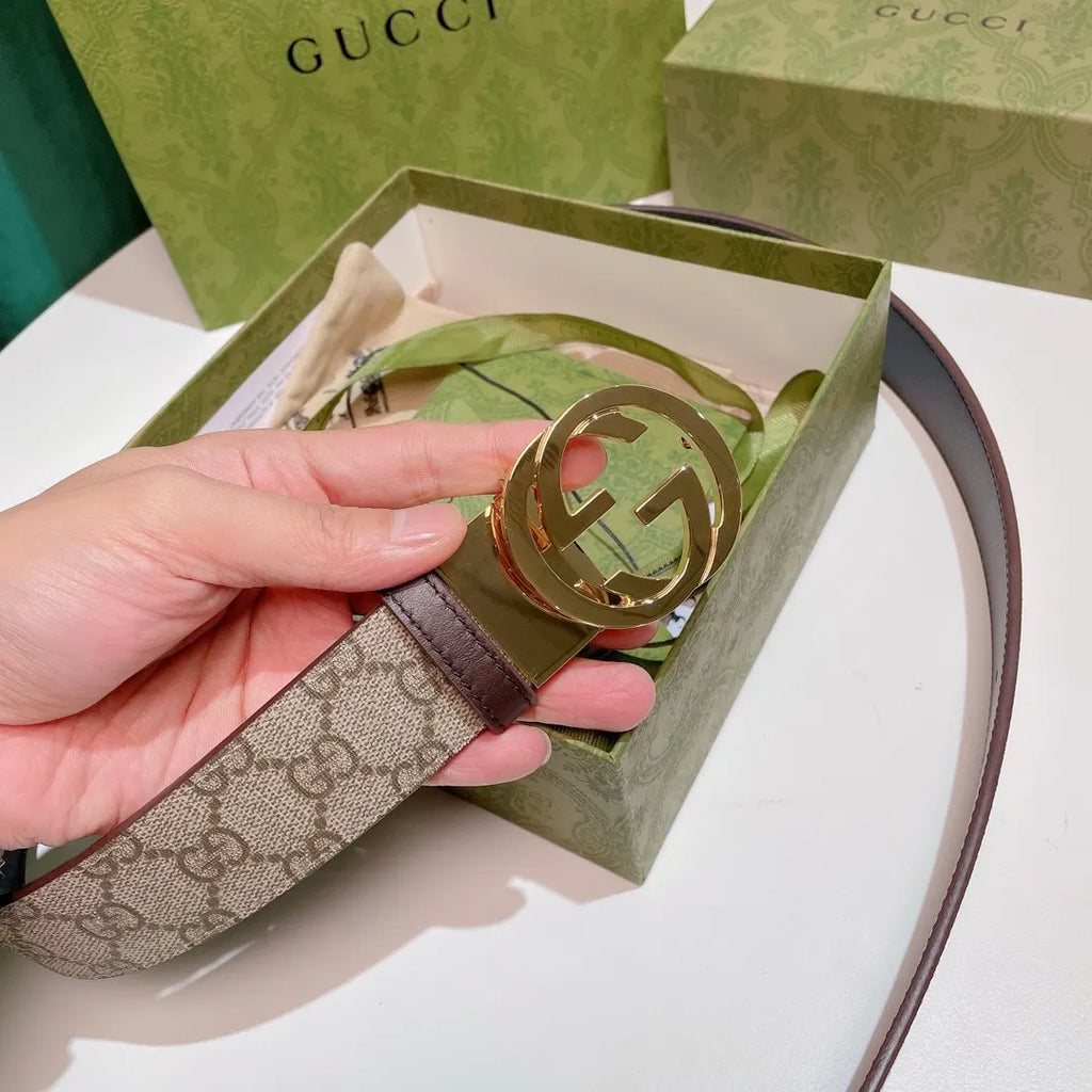 gold Gucci Beige Monogram Belt - Hình 5