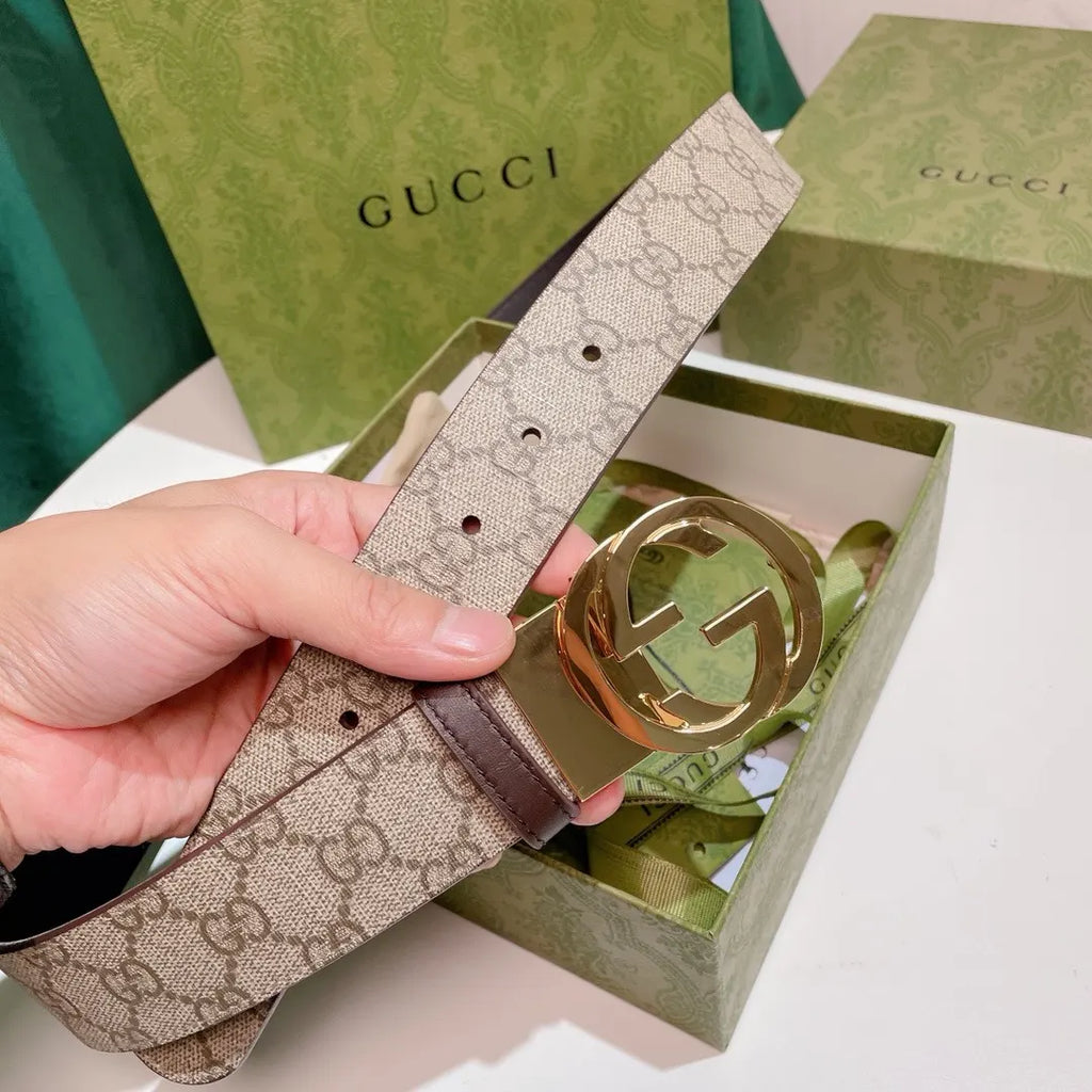 gold Gucci Beige Monogram Belt - Hình 6