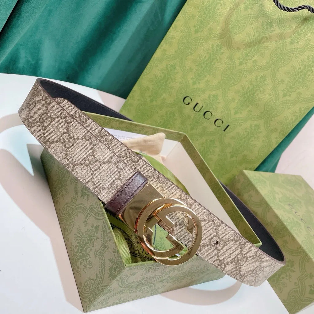 gold Gucci Beige Monogram Belt - Hình 7