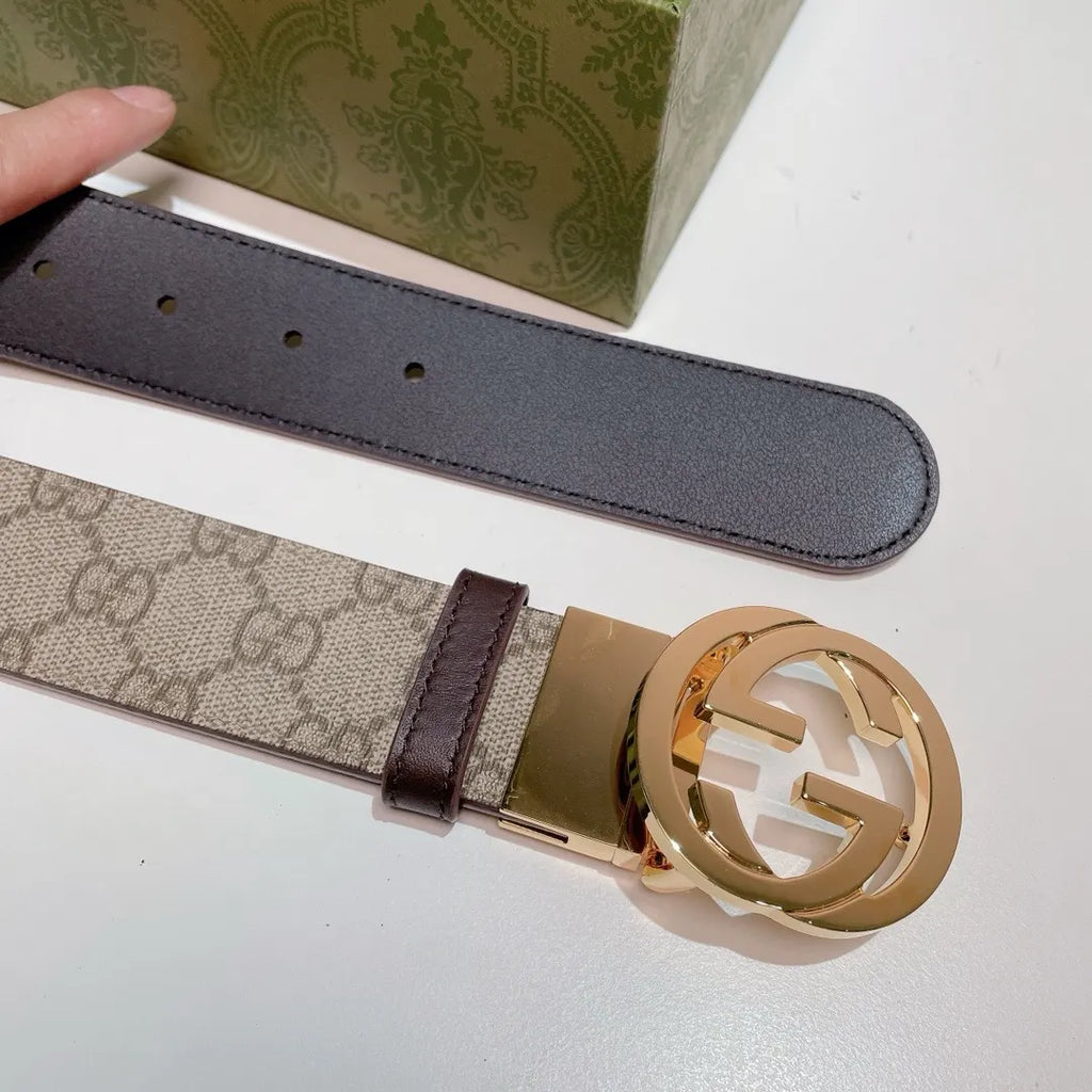 gold Gucci Beige Monogram Belt - Hình 3