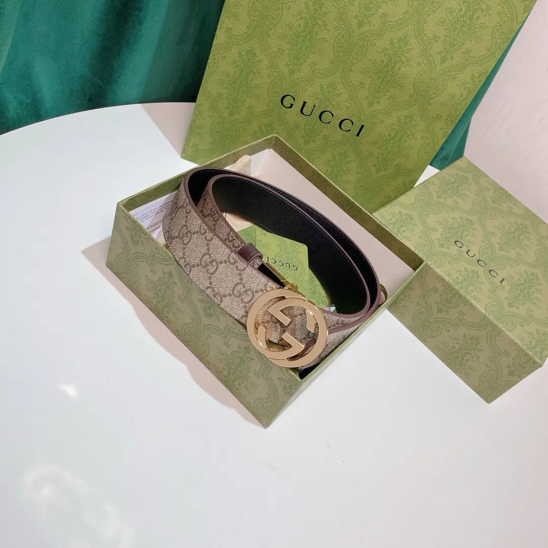 gold Gucci Beige Monogram Belt - Hình 9