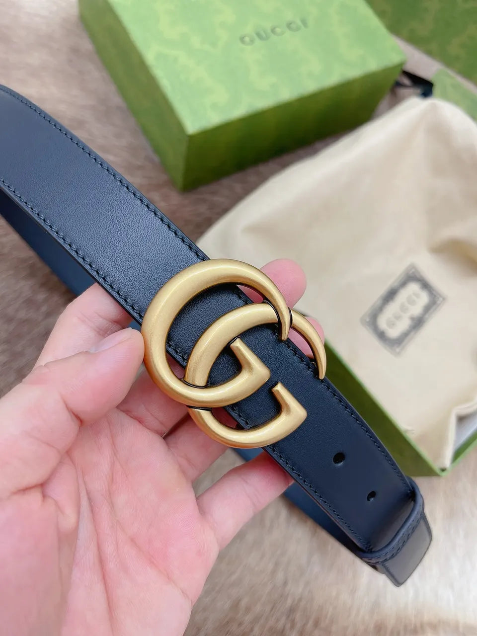 gold double Gucci Black Leather Belt - Hình 7