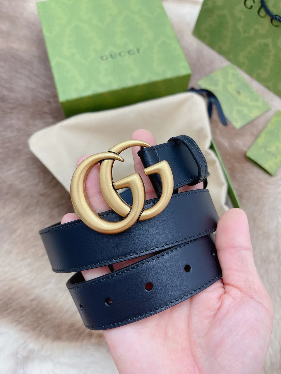 gold double Gucci Black Leather Belt - Hình 2