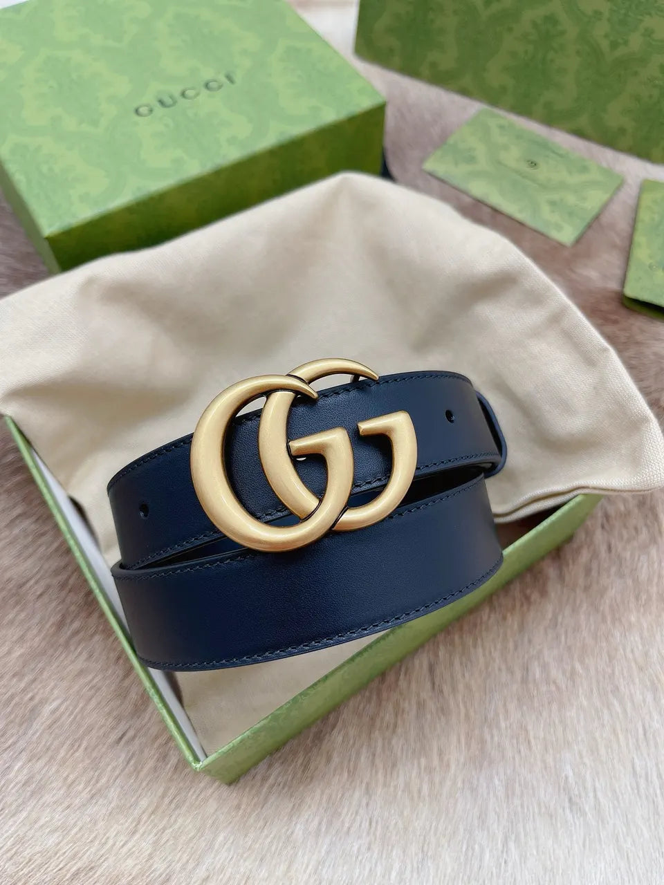 gold double Gucci Black Leather Belt - Hình 9