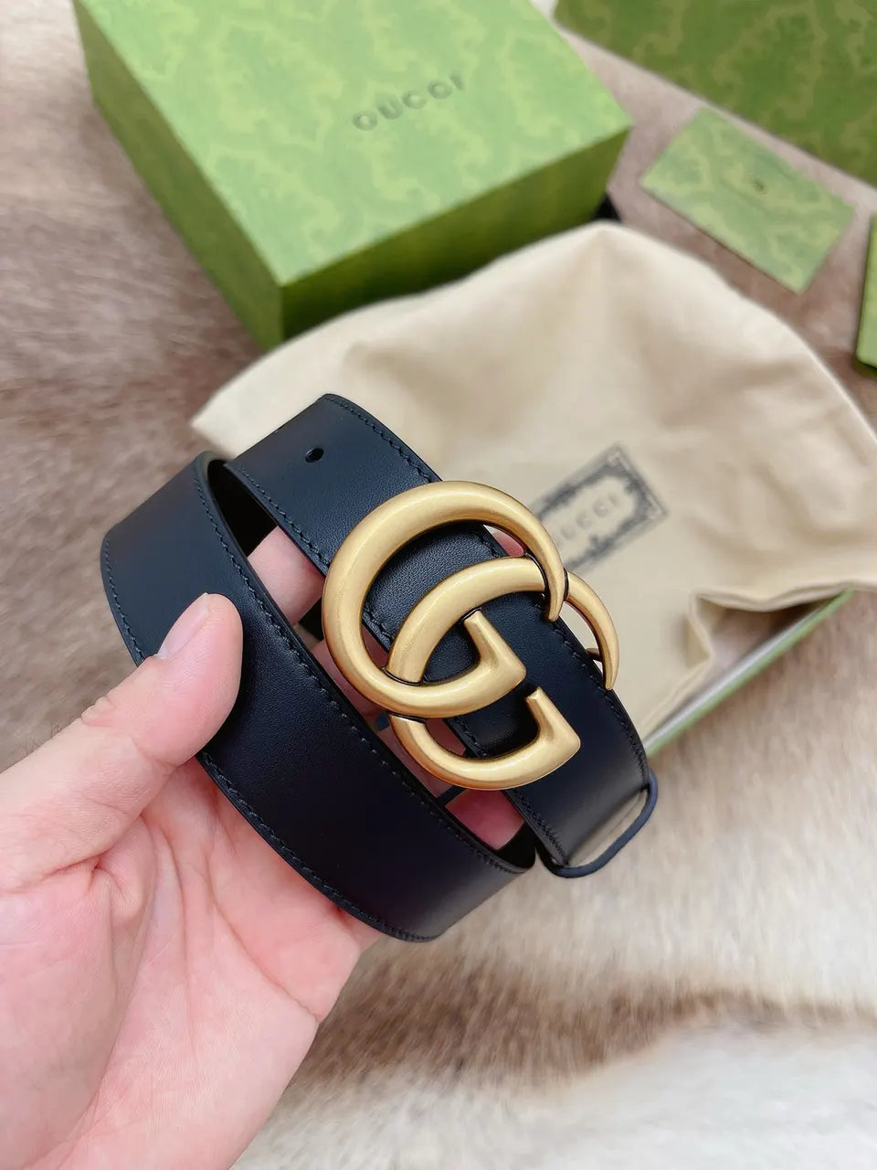 gold double Gucci Black Leather Belt - Hình 5