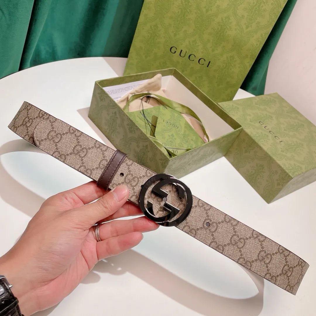 black Gucci Beige Monogram Belt