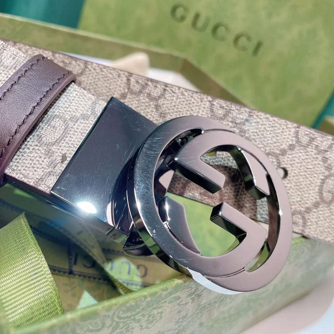 black Gucci Beige Monogram Belt - Hình 3