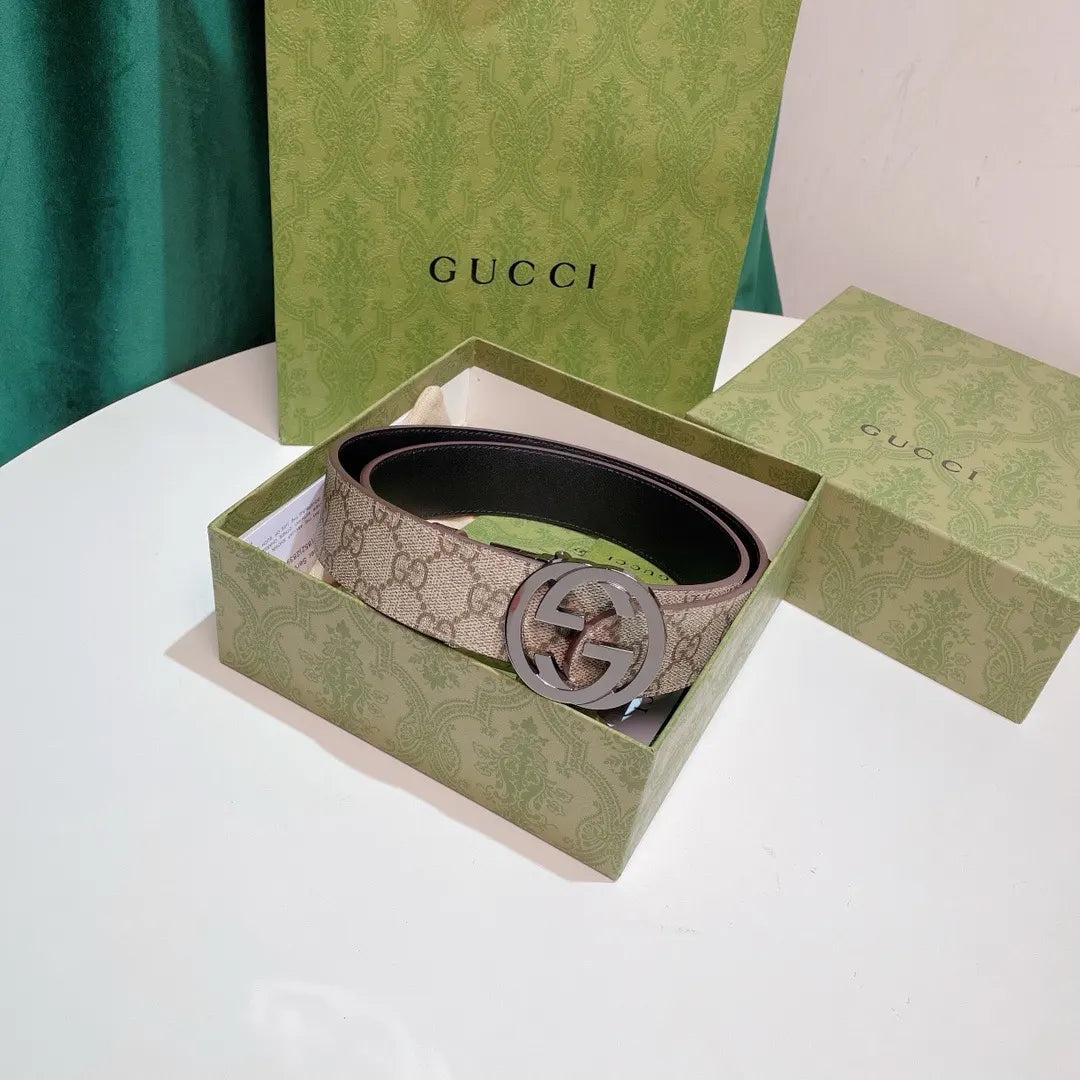black Gucci Beige Monogram Belt - Hình 9