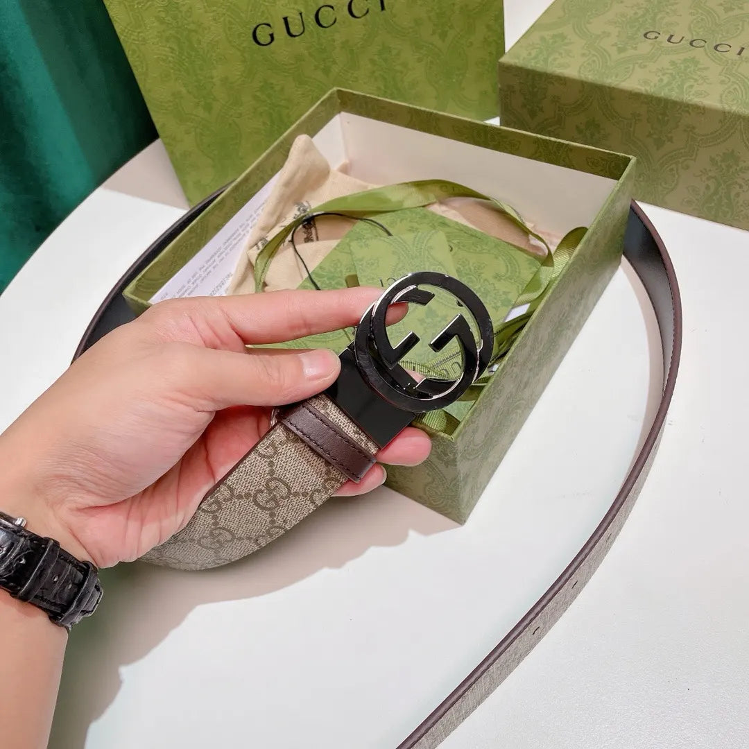 black Gucci Beige Monogram Belt - Hình 7