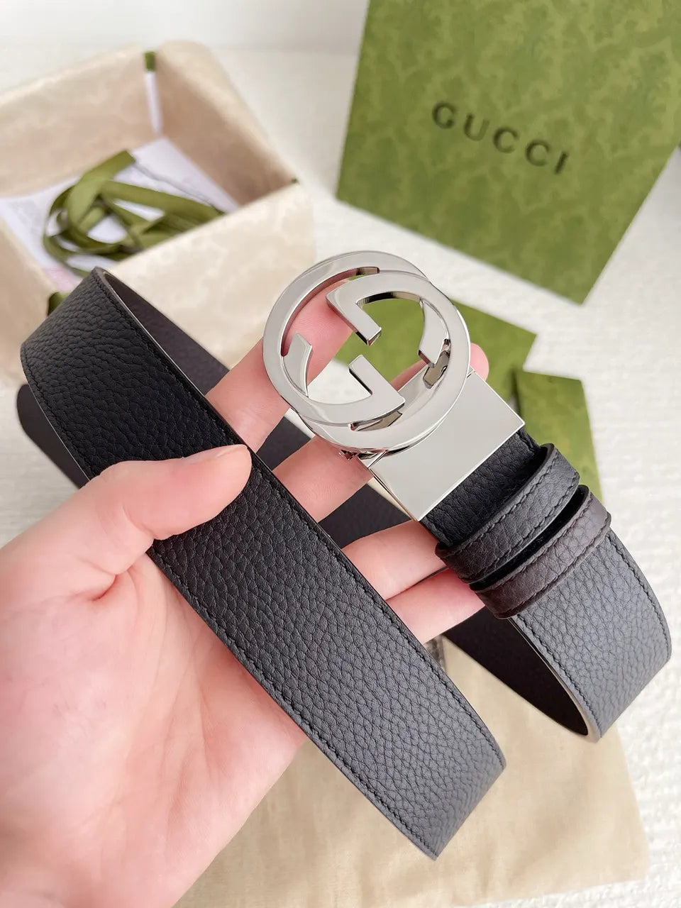 Gucci Black Leather Belt silver interlocking - Hình 2