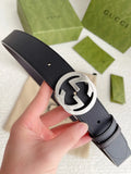 Gucci Black Leather Belt silver interlocking