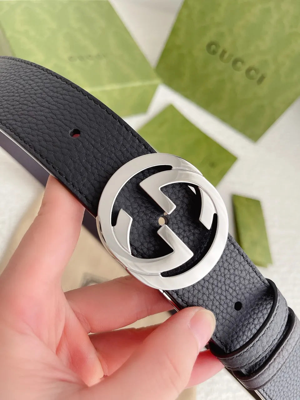 Gucci Black Leather Belt silver interlocking - Hình 7