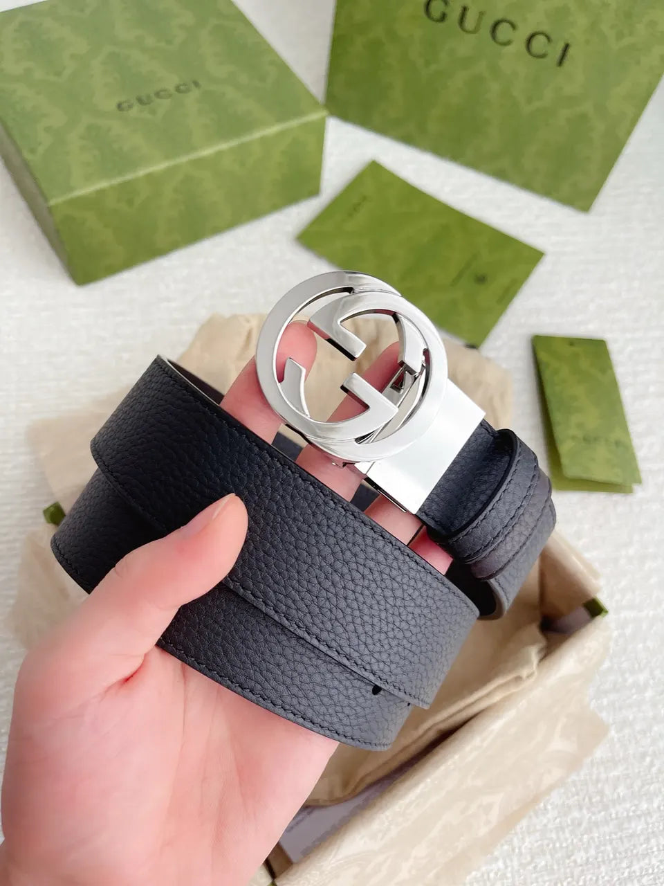 Gucci Black Leather Belt silver interlocking - Hình 9