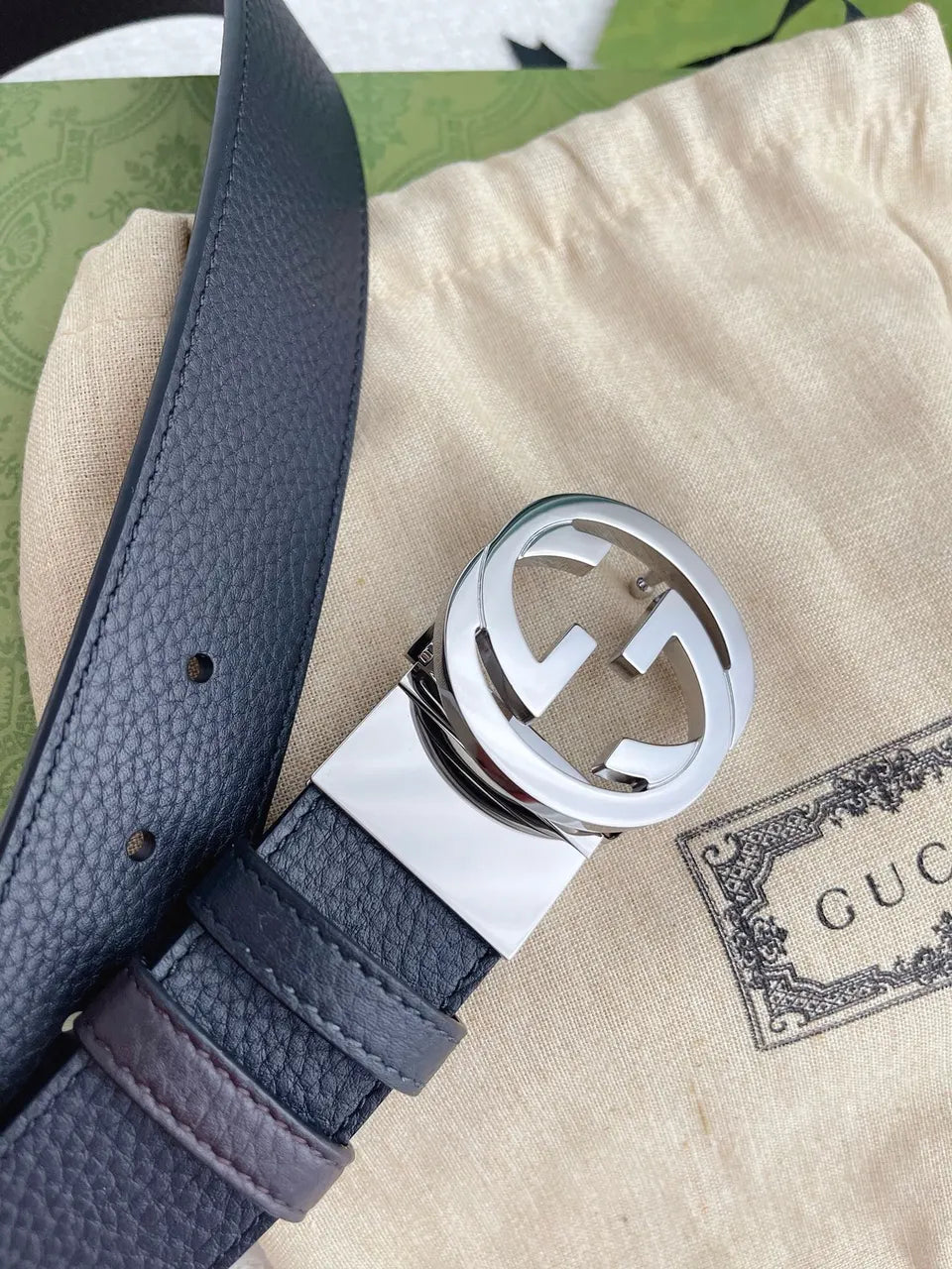 Gucci Black Leather Belt silver interlocking - Hình 5