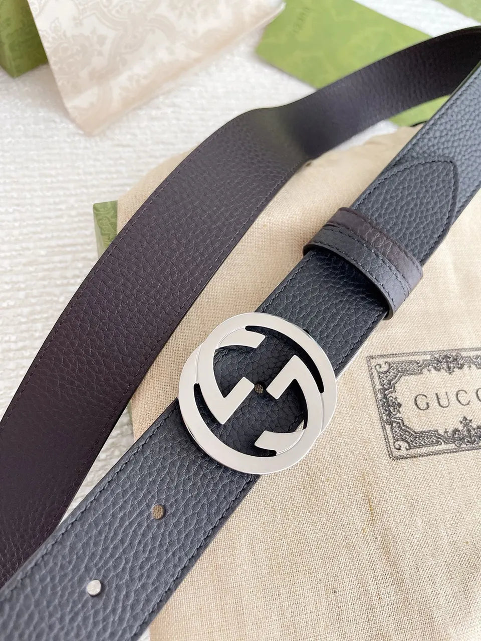 Gucci Black Leather Belt silver interlocking - Hình 3