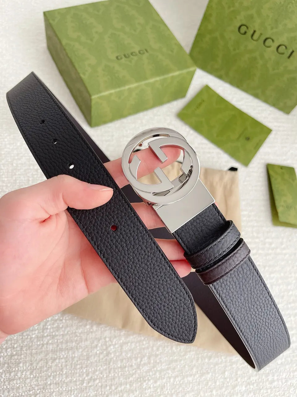 Gucci Black Leather Belt silver interlocking - Hình 6