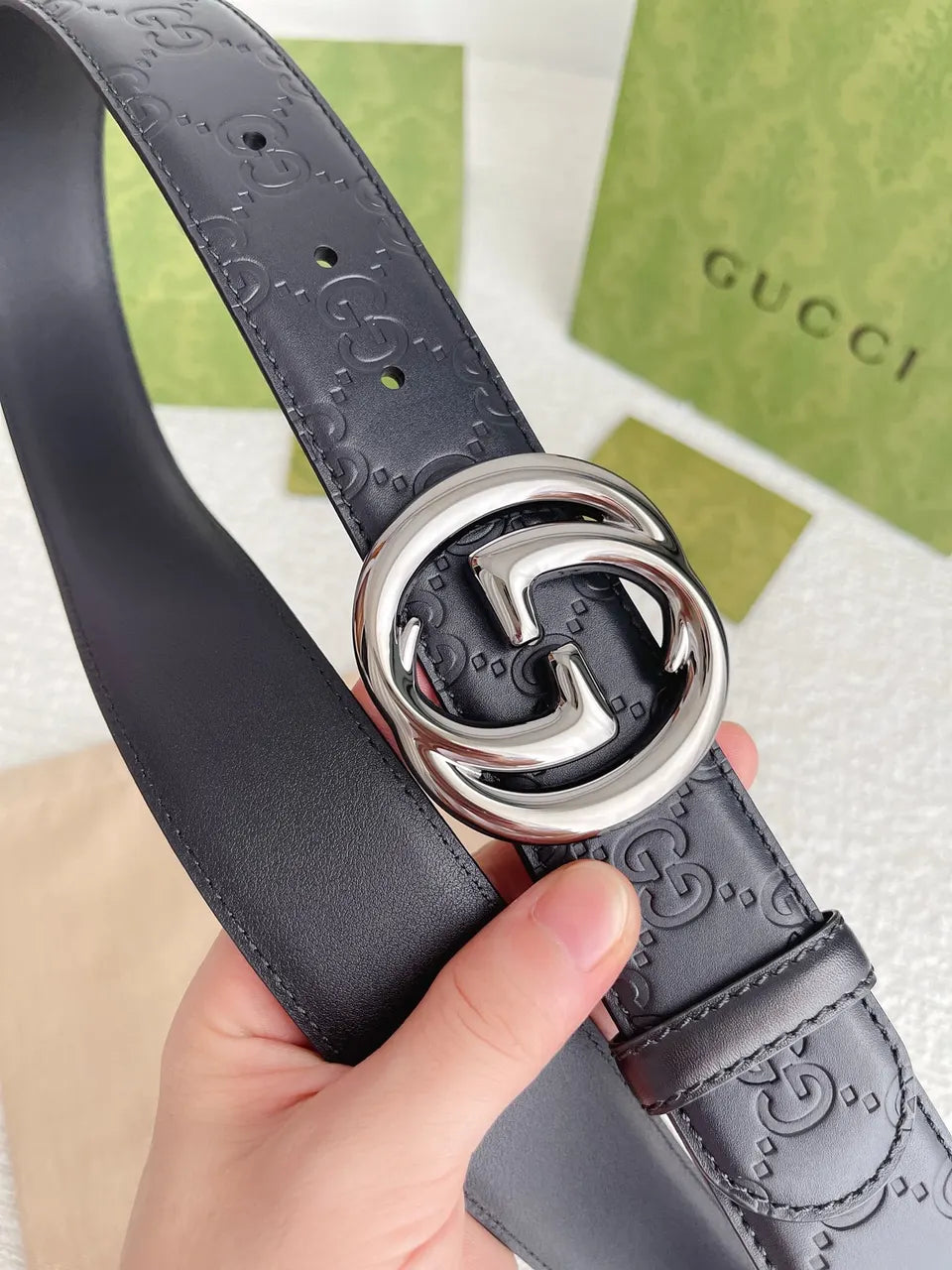 Gucci Silver GG Belt Black - Hình 2