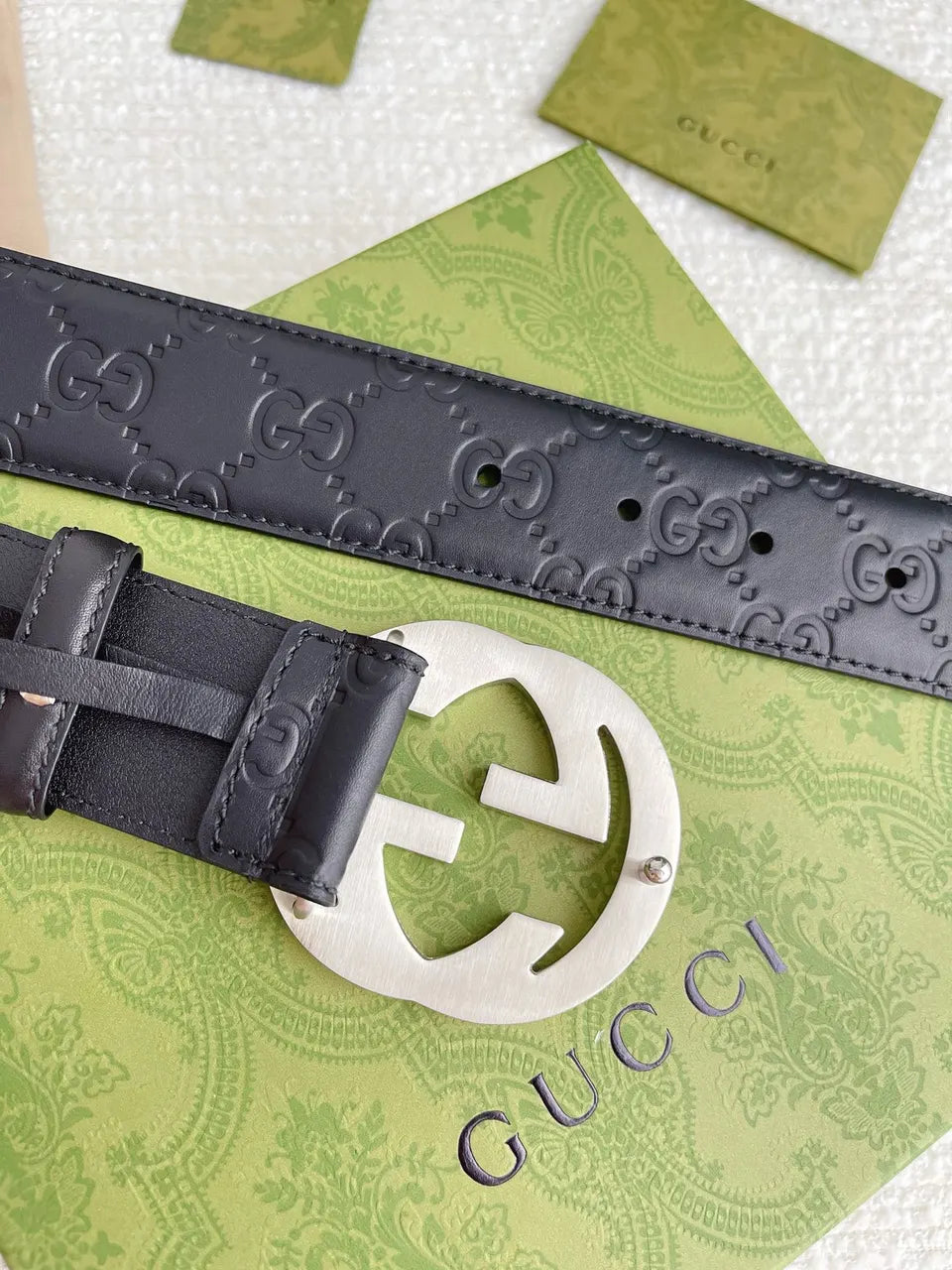 Gucci Black Leather Belt silver gg - Hình 3