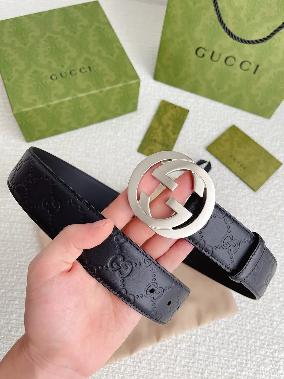 Gucci Black Leather Belt silver gg - Hình 6
