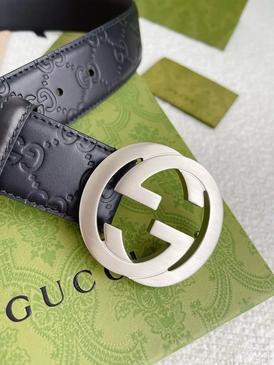 Gucci Black Leather Belt silver gg - Hình 4