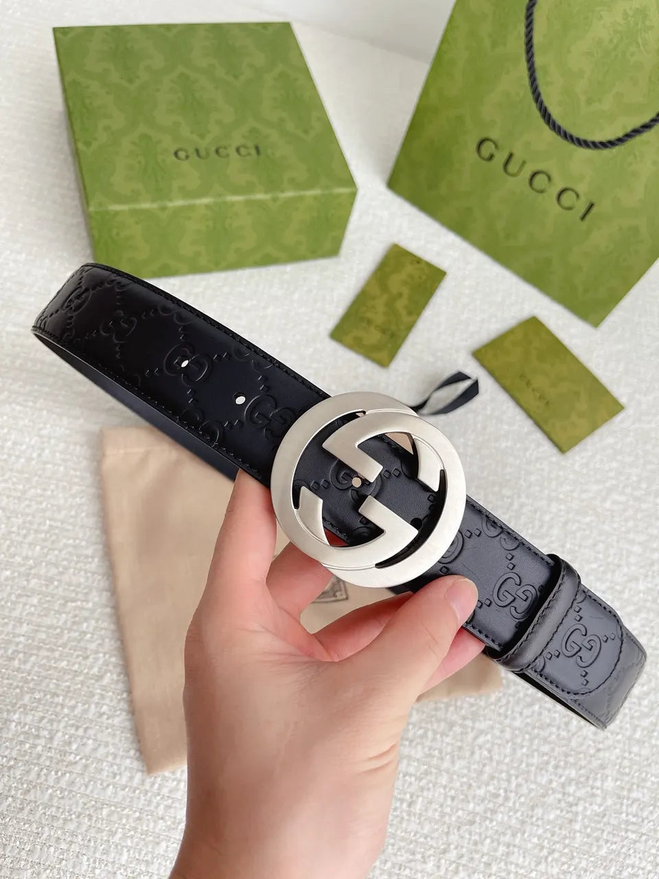 Gucci Black Leather Belt silver gg - Hình 8