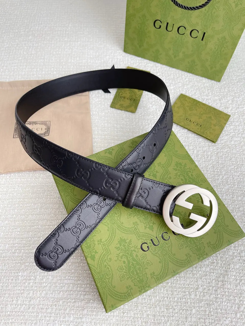 Gucci Black Leather Belt silver gg - Hình 5