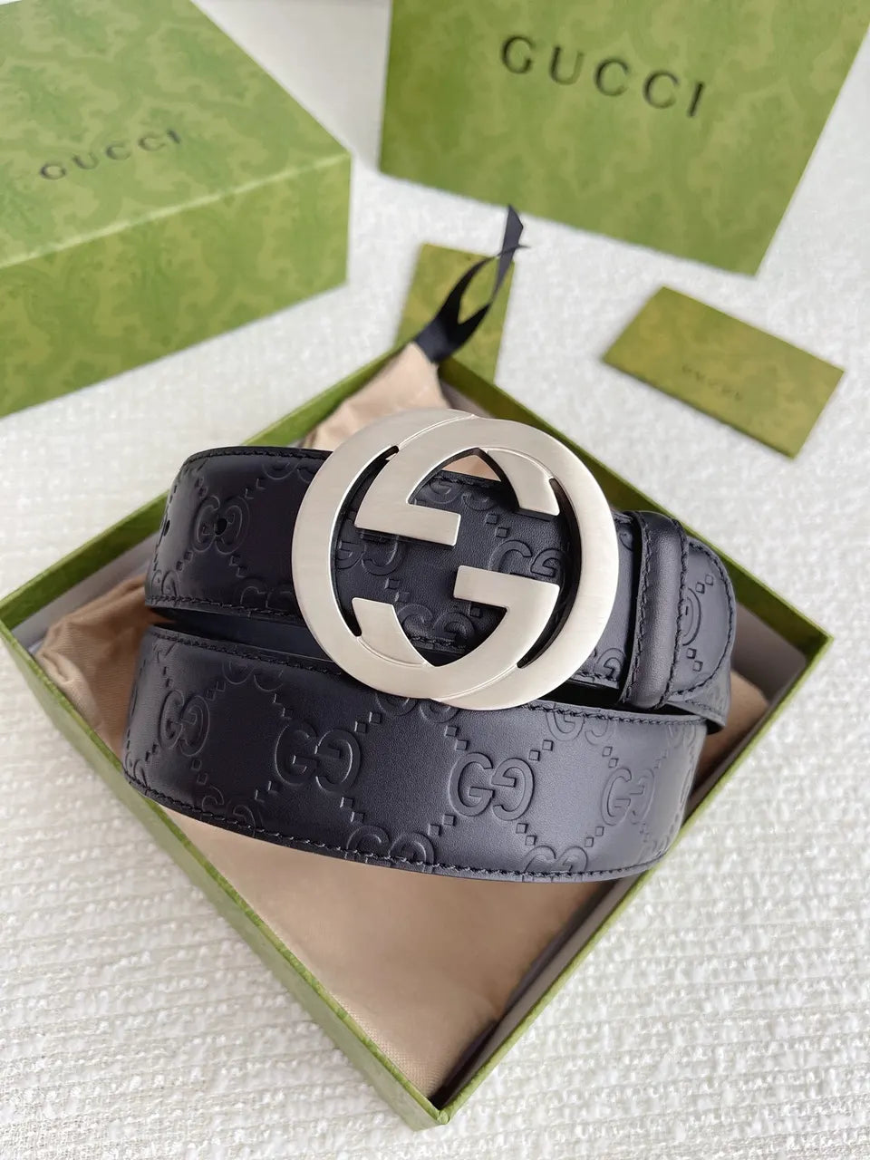 Gucci Black Leather Belt silver gg - Hình 9