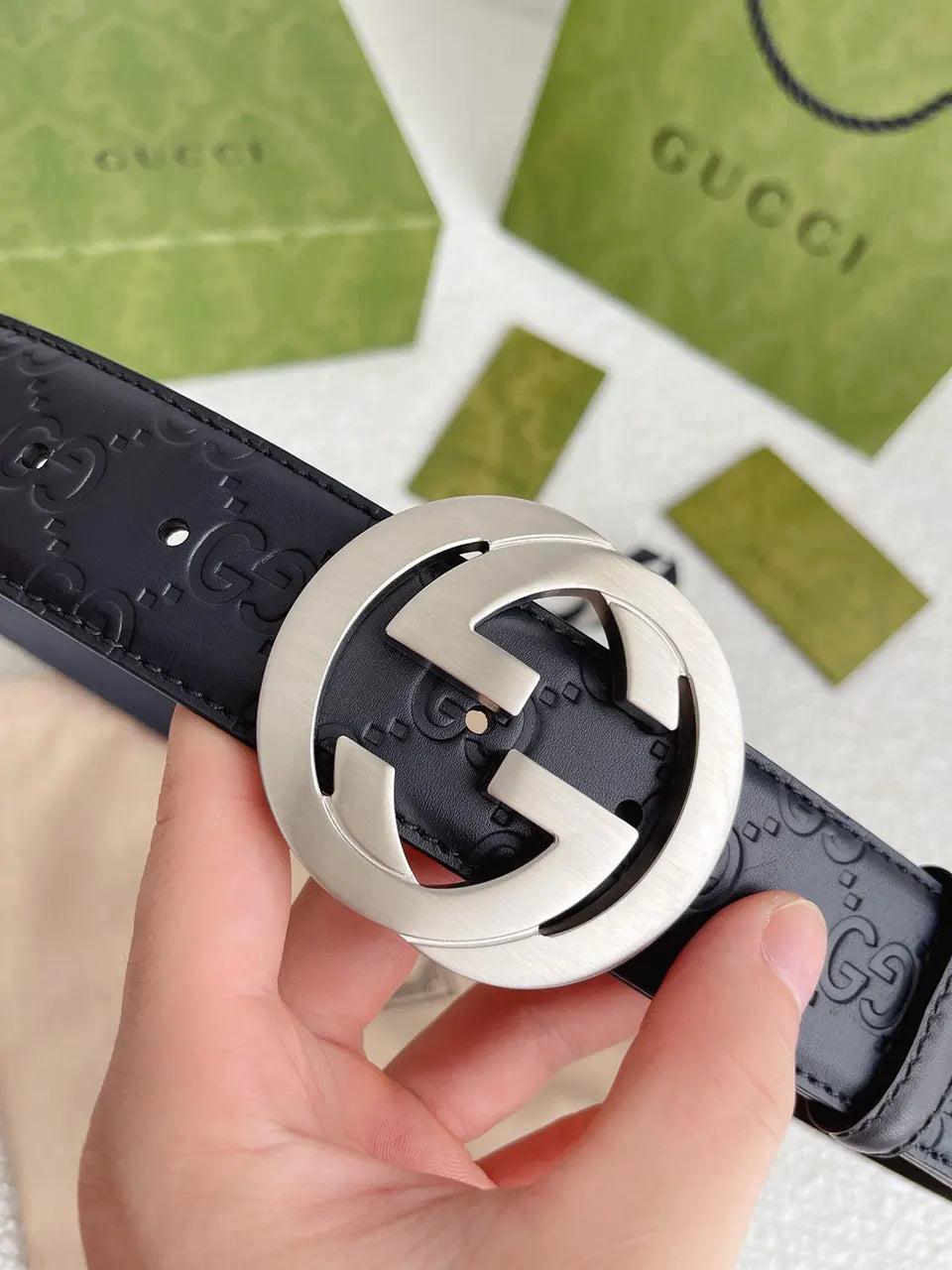 Gucci Black Leather Belt silver gg - Hình 7