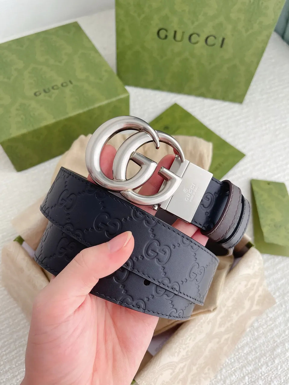 silver Gucci Black Embossed Belt - Hình 7