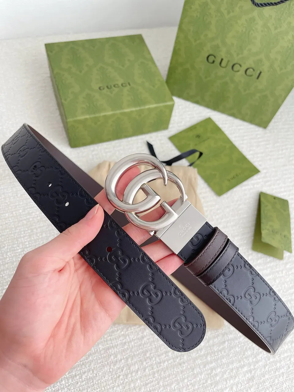 silver Gucci Black Embossed Belt - Hình 4