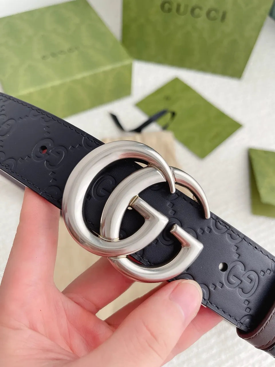 silver Gucci Black Embossed Belt - Hình 5