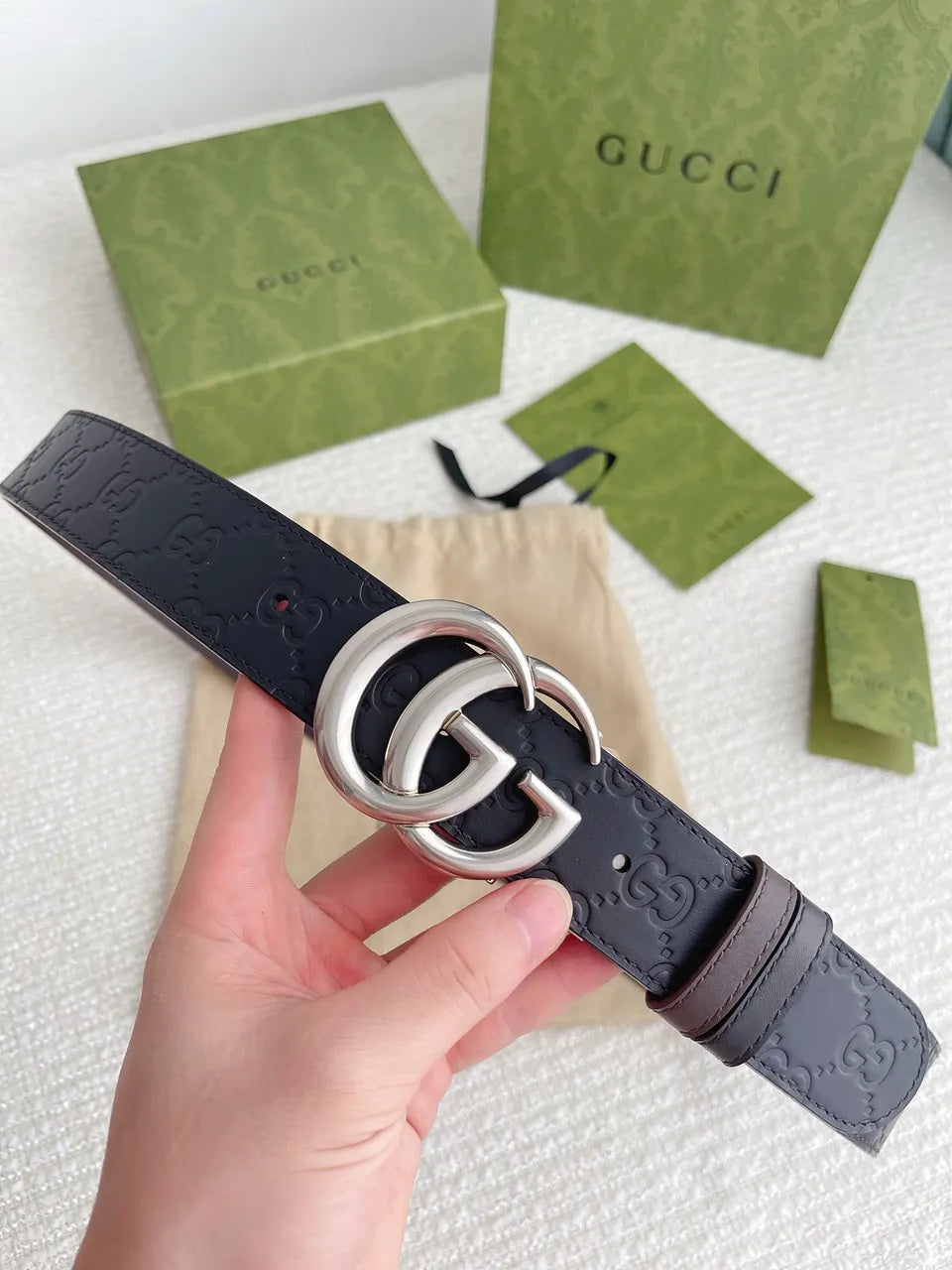 silver Gucci Black Embossed Belt - Hình 6