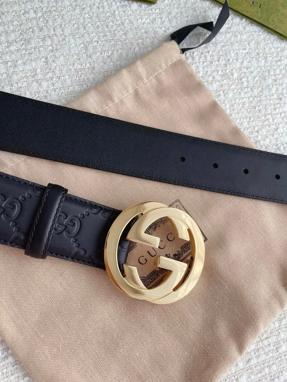 gold Gucci Black Embossed Belt - Hình 5