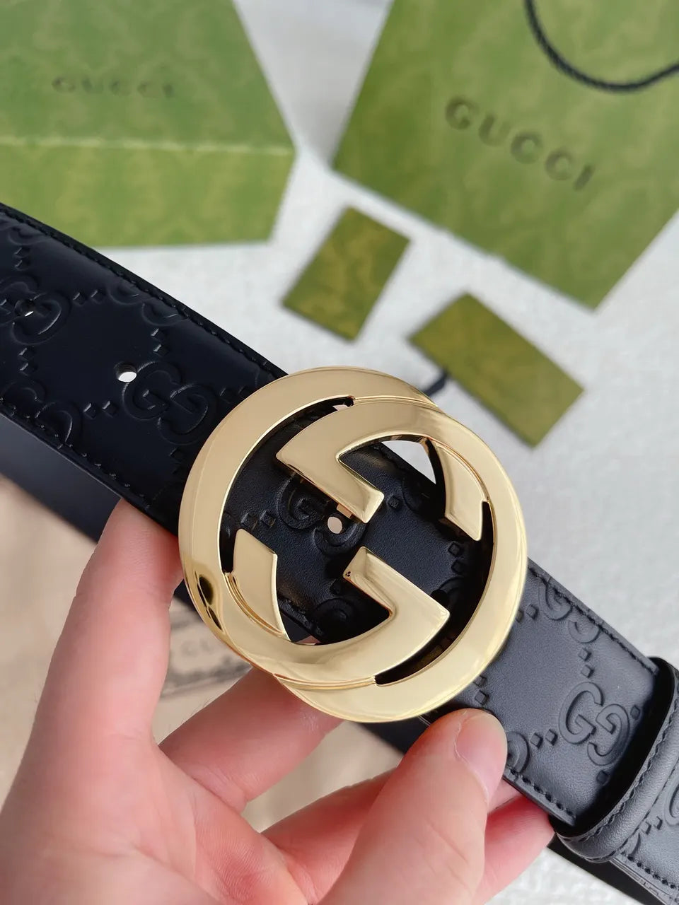 gold Gucci Black Embossed Belt - Hình 7