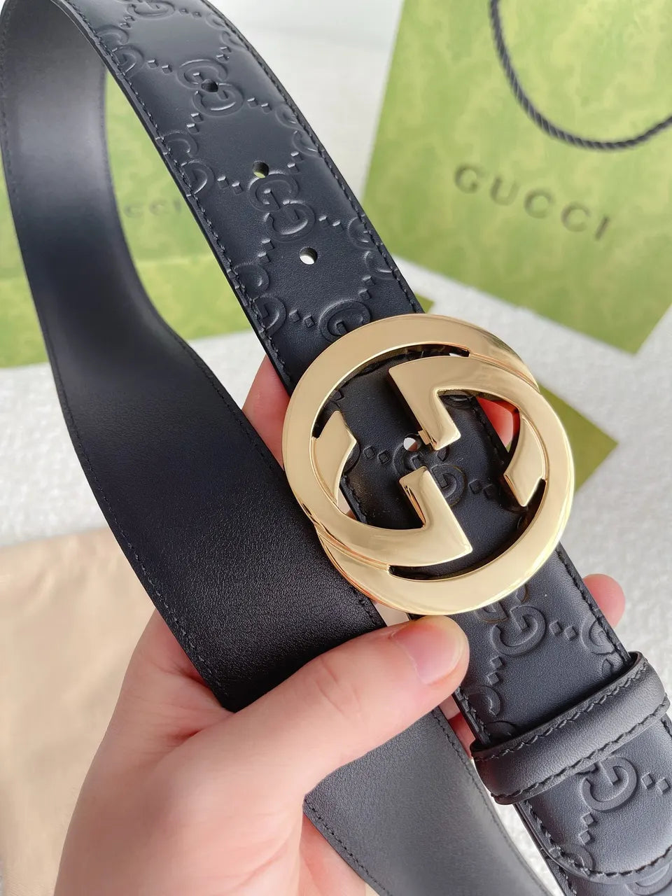 gold Gucci Black Embossed Belt - Hình 2