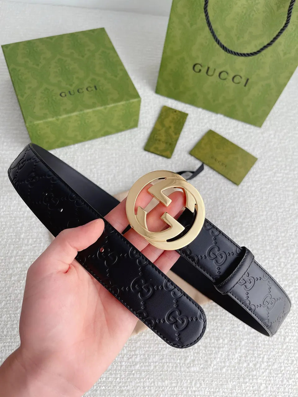 gold Gucci Black Embossed Belt - Hình 6